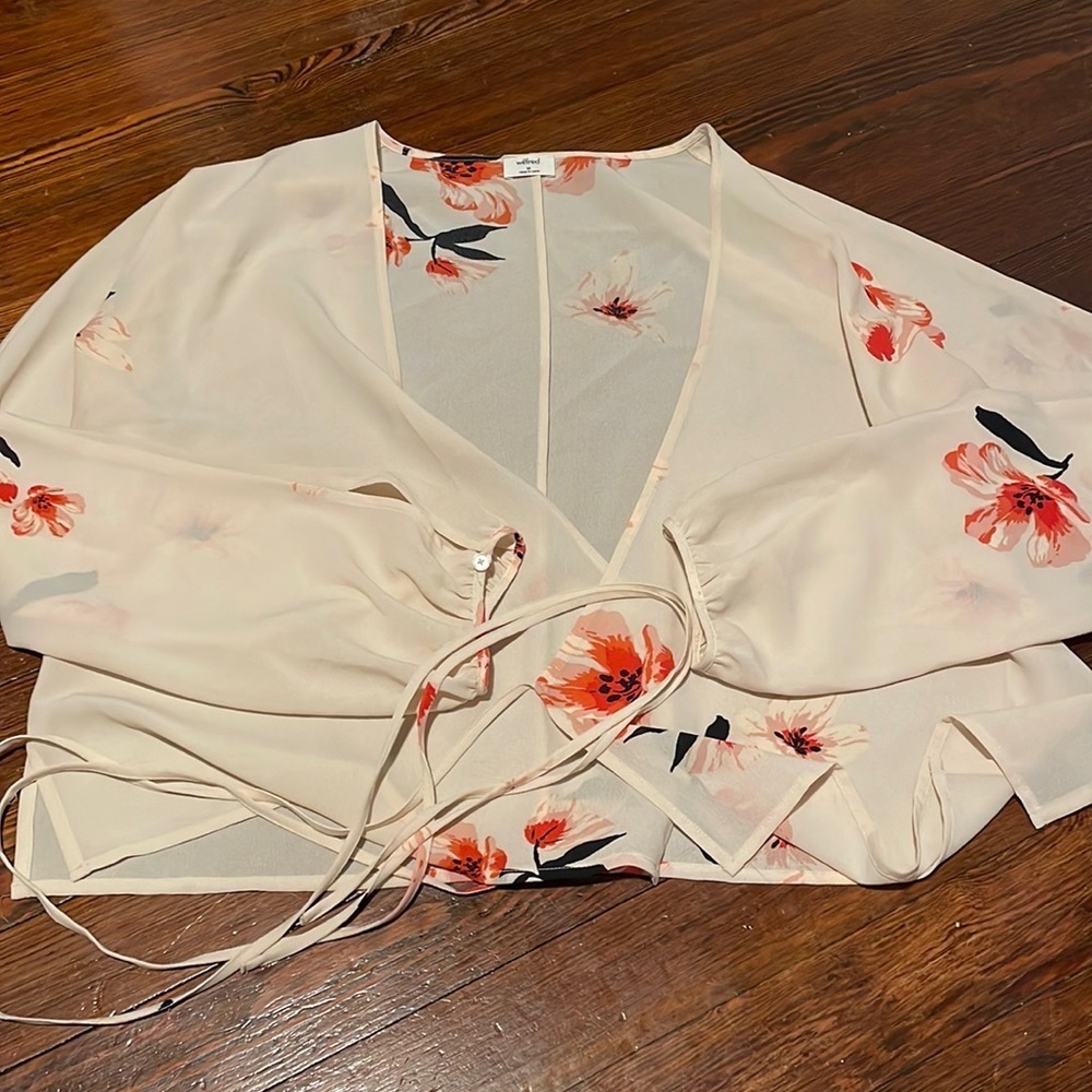 Wilfred Cream Floral Wrap Blouse with Coral & Black Accents
